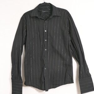 Sean John Mens‎ Dress Shirt 15.5 34/35 Black Silver Stripe French Cuff Blokecore